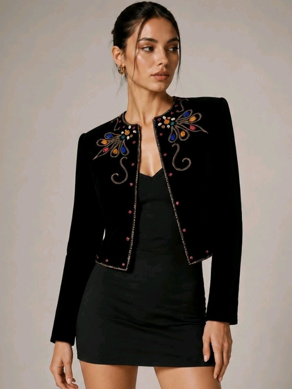 Vintage 80s Black Velvet Beaded Jacket Size S Cropped Gothic Glam Maximalist
